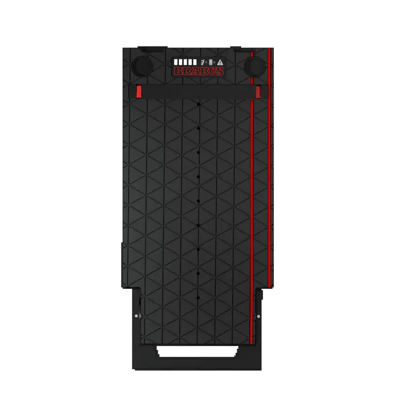 The Brabus special edition deck panel, its red-piped diamond-stitch pattern and Brabus badge in place of the standard Awake livery.