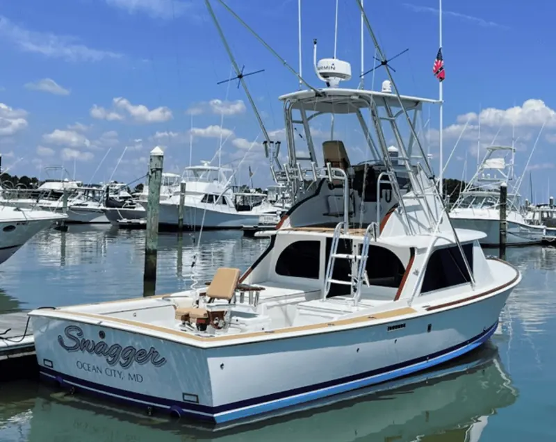 Jim Swagler's Bertram 31, Swagger, at dock in Ocean City, Maryland, after its Awlgrip repaint.