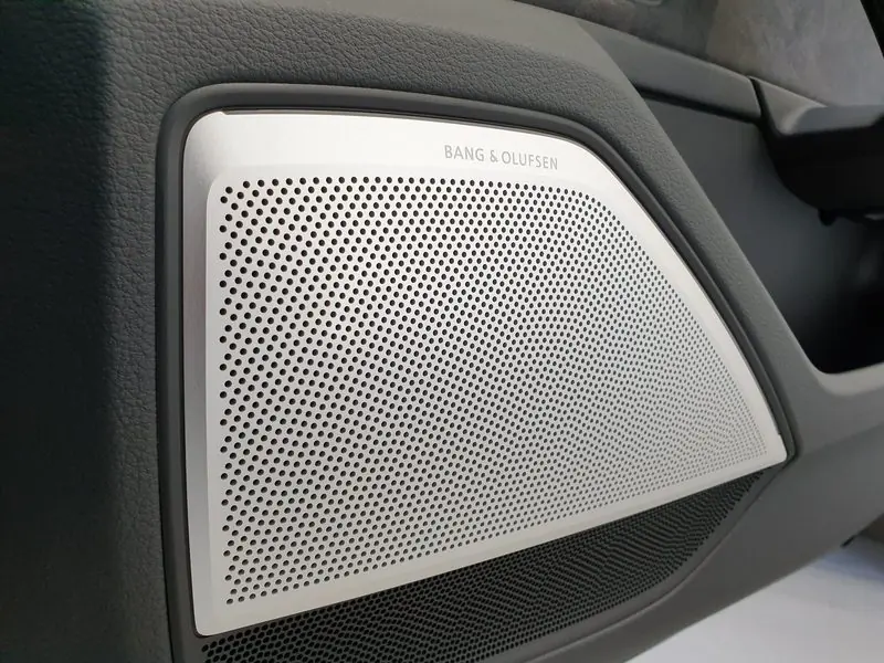 A silver Bang & Olufsen speaker grille is set into the dark door panel of a car.