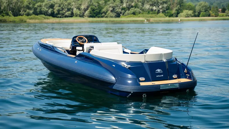 A blue hulled jet tender lies at rest on flat water, teak laid across the foredeck and the bathing platform.