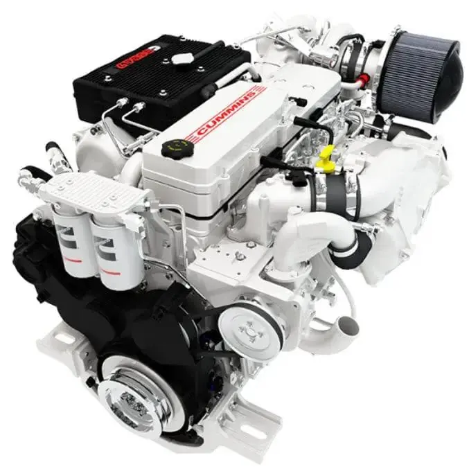 The Cummins QSB6.7, the smallest engine in the current yacht propulsion range at 6.7 liters and roughly 250 to 550 hp, the most common repower size on trawlers and cruisers under 45 feet