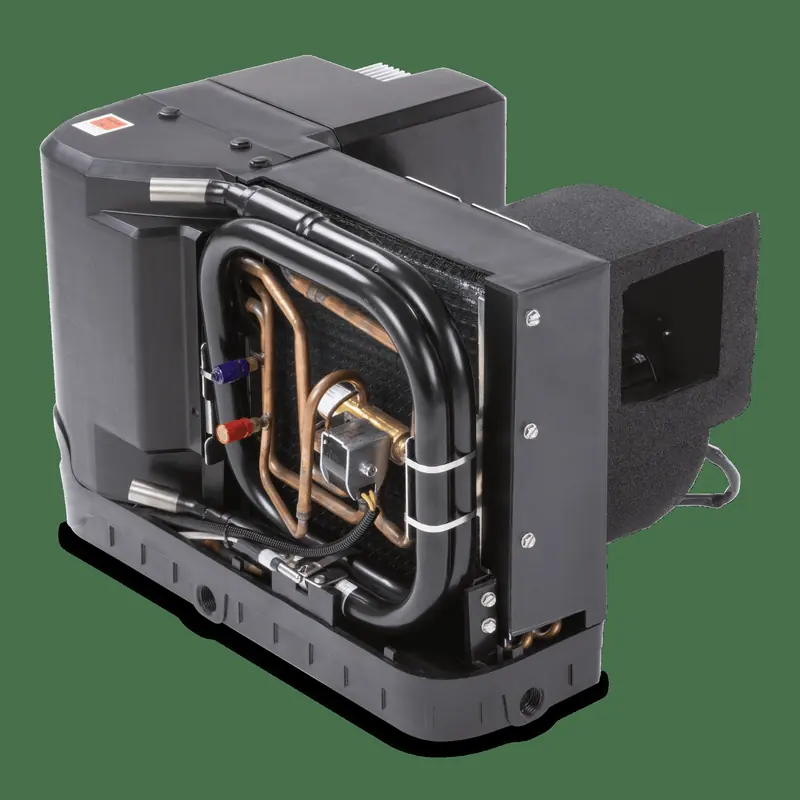 A split-system evaporator and blower, the condensing section runs remotely so the cabin gets only the quiet half of the machine.