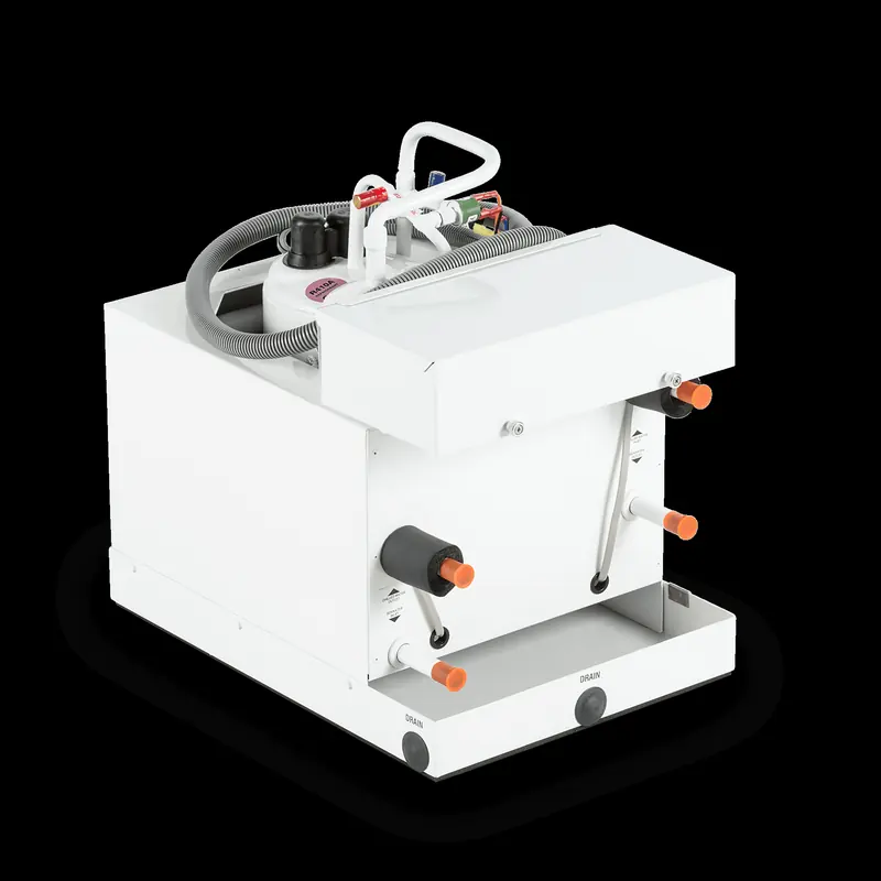 A MagDrive circulation pump and manifold, the plumbing that moves cooled fresh water out to the cabins and back.