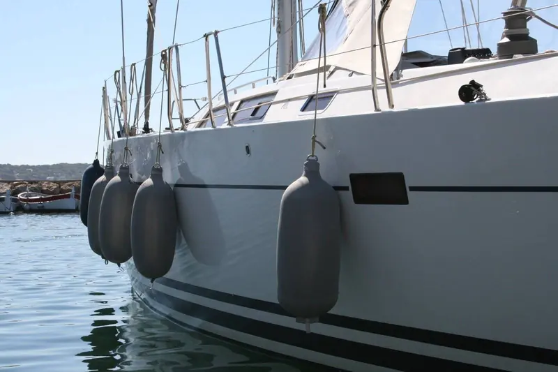 A row of grey cylindrical Fendertex fenders, one in navy, hangs from the bow rail of a sailing yacht, the woven cover's texture visible against the gelcoat.