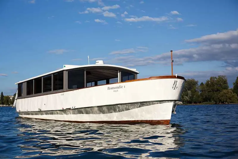 Romandie I, a 1932 wooden passenger boat on Lake Geneva, re-powered to run electrically with a Fischer Panda system.