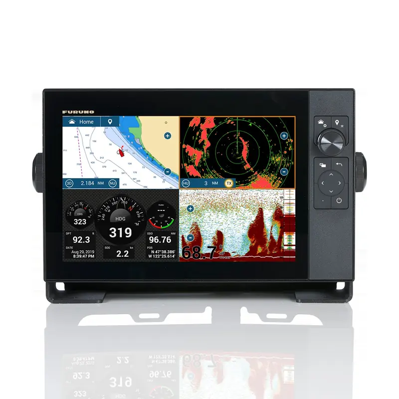 A Furuno TZT12F multifunction display running its standard four-way split: chartplotter, radar, engine and navigation data, and a CHIRP fishfinder trace all on one 12-inch screen.