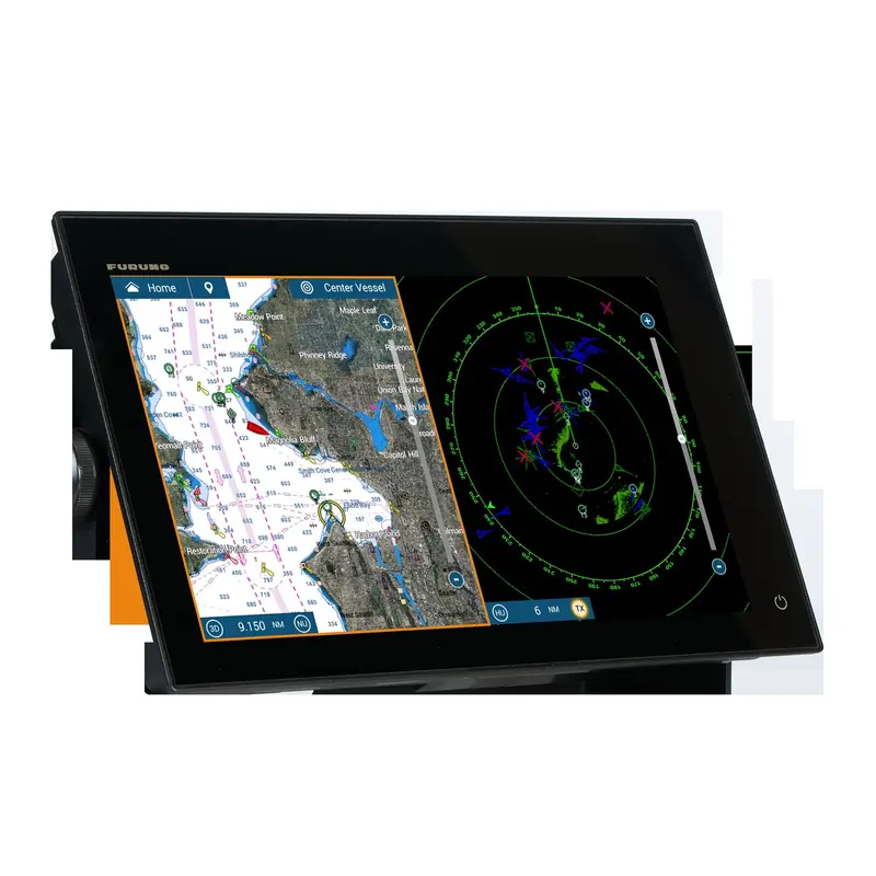A Furuno TZT16F MFD split between satellite chart imagery and a live radar picture, with multiple AIS targets plotted around the vessel.