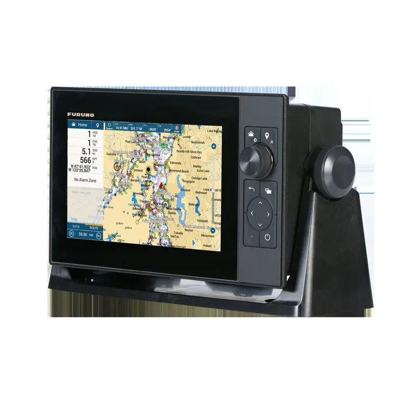 The compact 9-inch Furuno TZT9F MFD, sized for a flybridge or second station, showing a route plotted across Puget Sound.