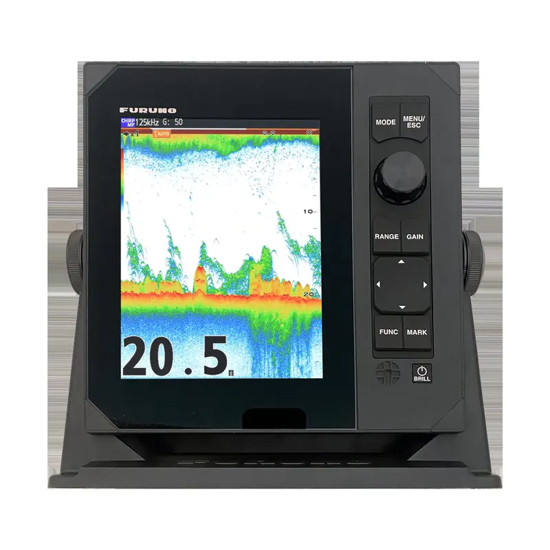 A Furuno FCV800 dedicated fishfinder display reading a CHIRP echogram, sold as a standalone sounder rather than built into an MFD.