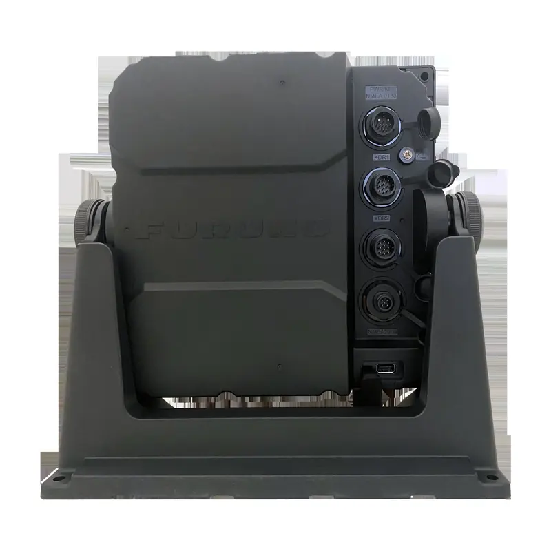 The rear panel of a Furuno MFD, with separate NMEA 2000, NMEA 0183 and dual transducer ports, the wiring a yard has to plan for at installation.