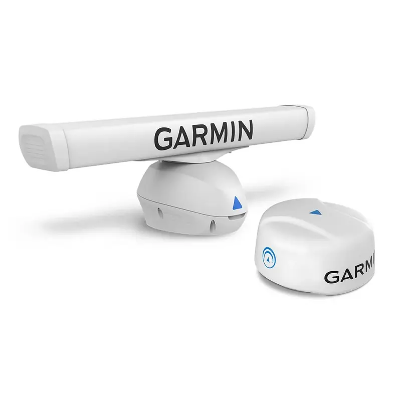 Garmin's GMR Fantom open-array radar pedestal paired with a compact GPS/AIS puck, the pairing that gives a helm both long-range target detection and vessel-to-vessel position data.