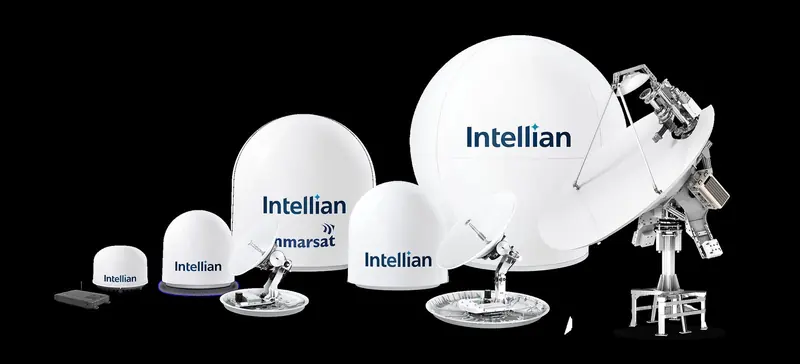 Intellian's own product lineup, from a compact below-deck VSAT box through stabilized domes to the largest open-dish tracking antenna, showing the size range a yacht's tonnage and satellite class can call for.