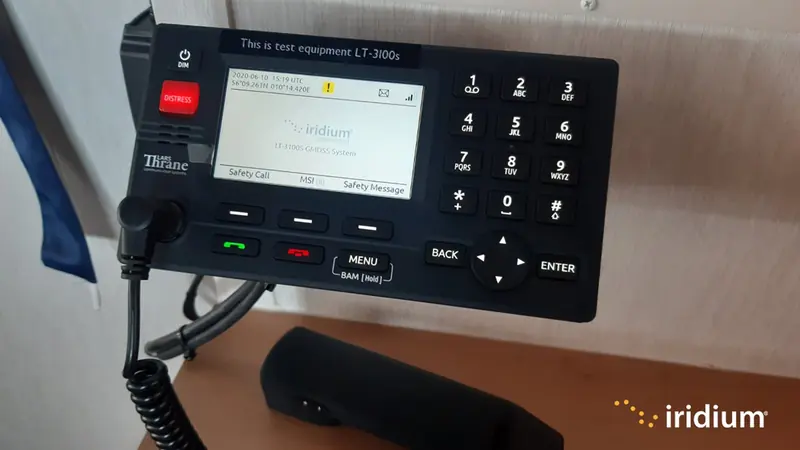 The Lars Thrane LT-3100S control unit, the first Iridium-Connected GMDSS terminal, showing its dedicated red Distress button and Safety Call menu.