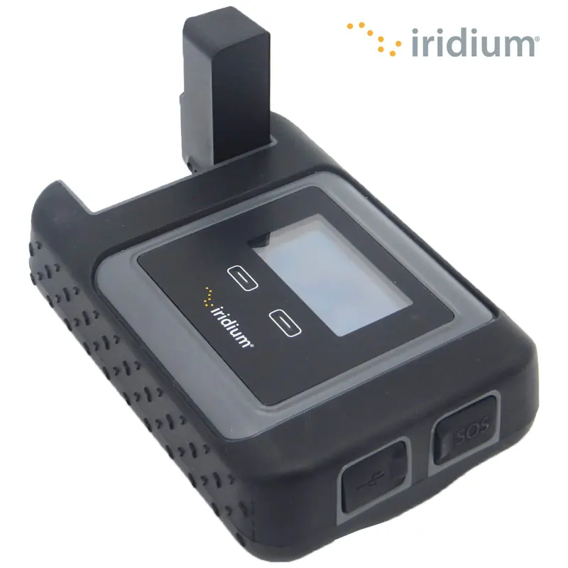The Iridium GO satellite Wi-Fi hotspot, showing its dedicated SOS button; the pocket-sized handheld sits below the faster GO exec in Iridium's current lineup.