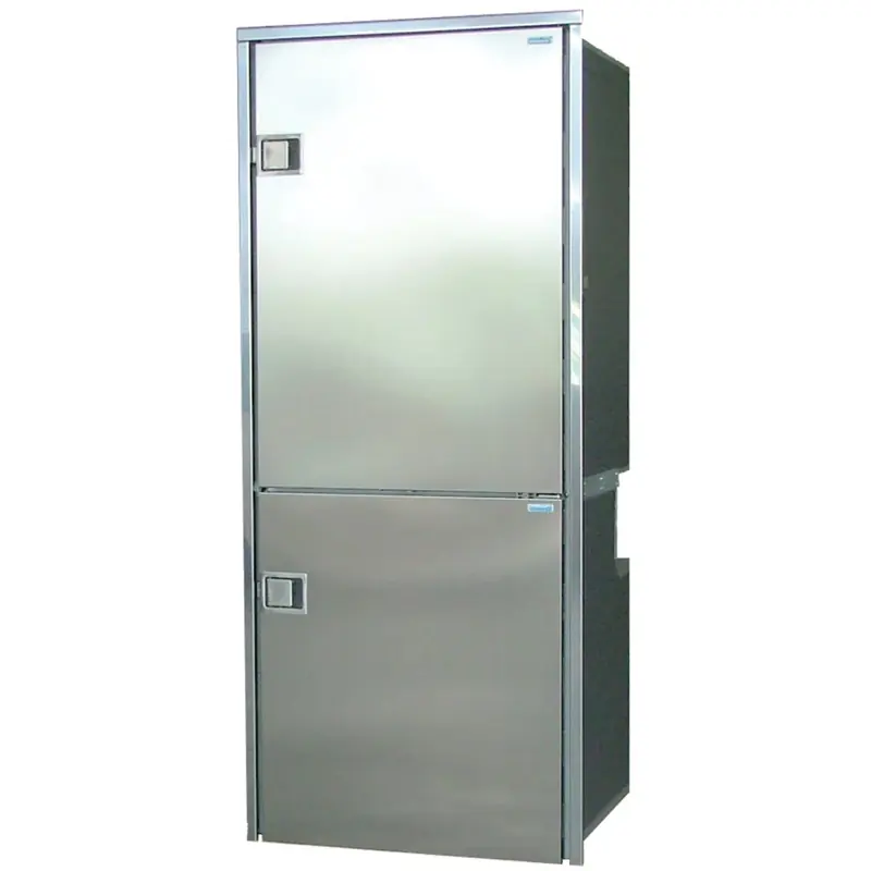 An Isotherm Cruise-series built-in stainless steel fridge/freezer column, the two-door drawer-style cabinet format fitted into yacht galleys worldwide.