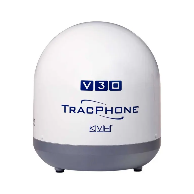 The white composite dome of a KVH TracPhone V30 VSAT antenna, the maker's compact ultra-affordable satellite data system.