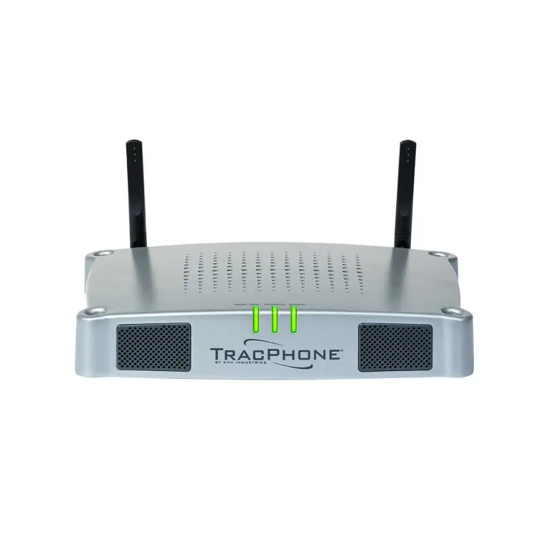 The below-deck VSAT hub that pairs with a TracPhone V30 antenna, its two Wi-Fi antennas and status lights on the front panel.