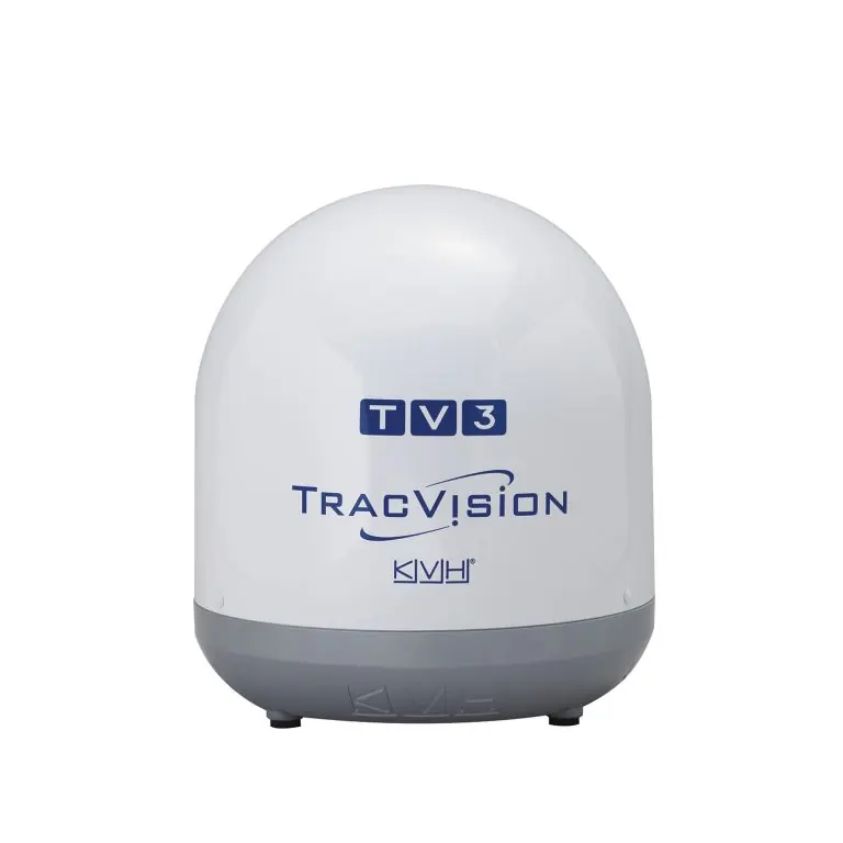 The KVH TracVision TV3, the smallest dome in the TracVision satellite-TV line, sized for smaller cruisers and sailboats.