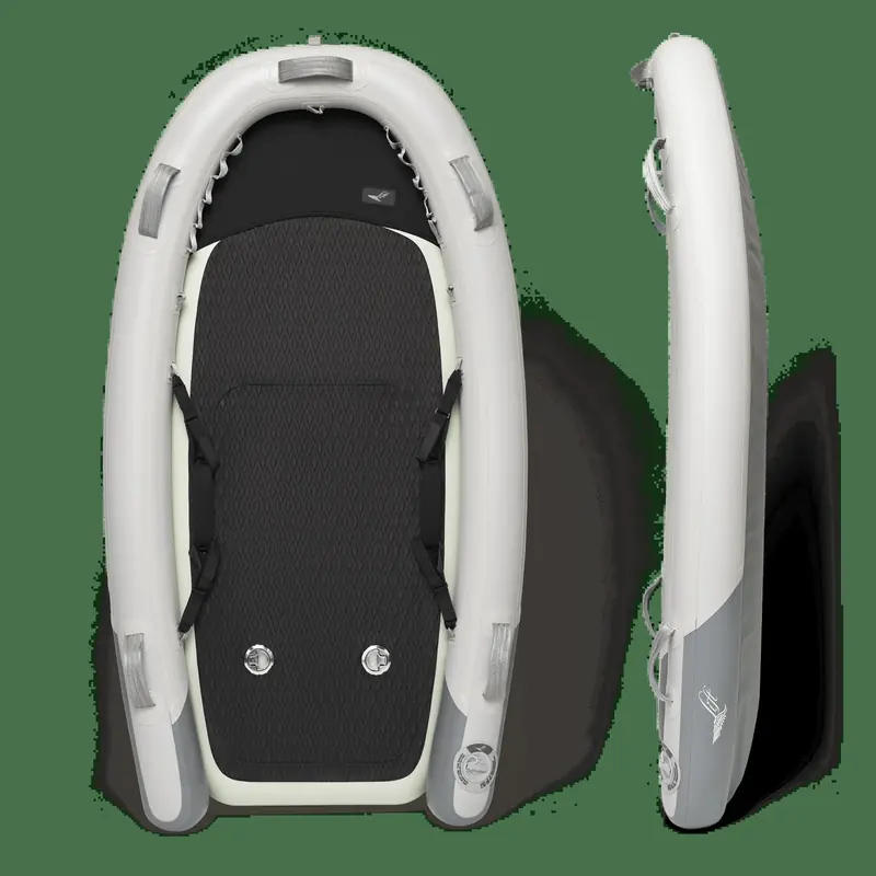 Lift's inflatable board base, shown from above and in profile: a diamond-tread traction pad, twin footstrap mounts and a drop-stitch hull that packs down for travel between the yacht's toy locker and the water.