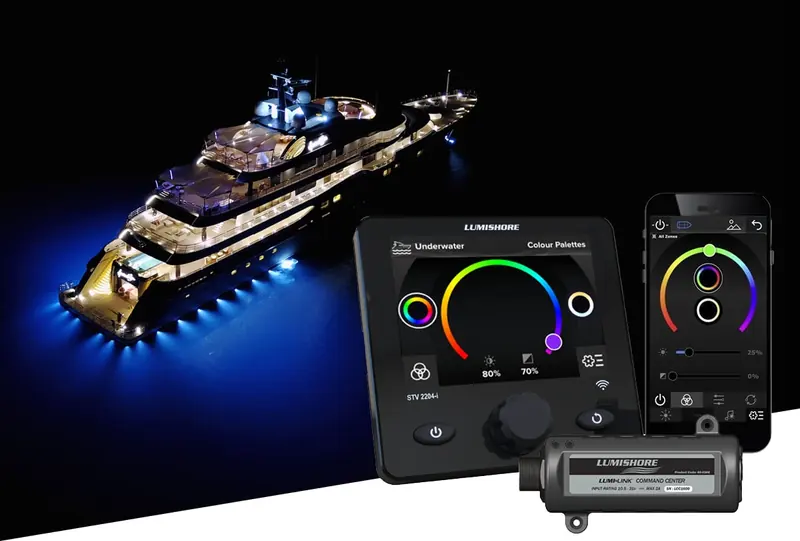 A superyacht under blue underwater light at night, inset with Lumishore's wall-mounted colour control panel, phone app and Lumi-Link command centre hub.