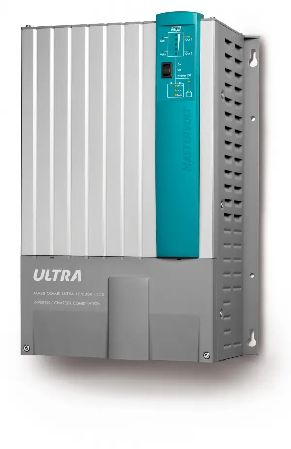 A Mastervolt Mass Combi Ultra 12/3000-150, the company's inverter/charger combination that pairs a sine-wave inverter with a 3-step+ battery charger in one wall-mounted unit.