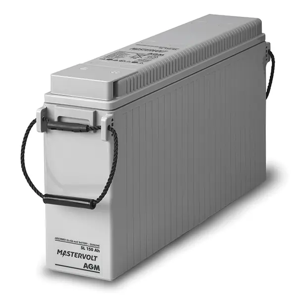 A Mastervolt AGM SlimLine 150 absorbed glass mat battery, built as a slim-profile bank for tight engine room and lazarette spaces.