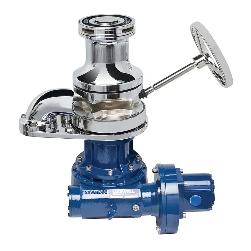 A Maxwell 6000 series windlass on a studio floor, its chrome gypsy and emergency manual wheel above a blue Bonfiglioli gearbox stamped Maxwell.