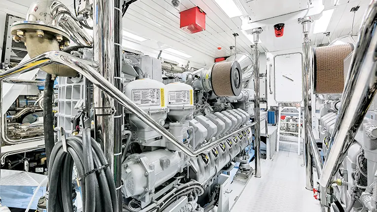 A yacht engine room fitted with an mtu Series 2000 diesel, from Rolls-Royce press material for its 2026 propulsion and bridge framework agreement with Overmarine