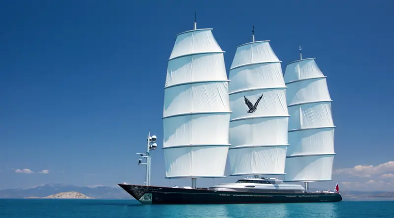 The sailing superyacht Maltese Falcon under her three freestanding DynaRig masts. Northern Lights supplied the generator sets aboard her, documented in the maker's own application report.