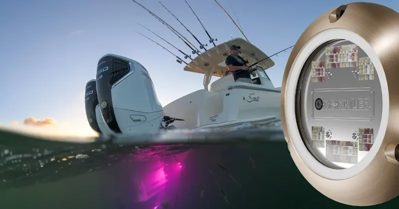 A detail view of an Ocean LED fixture lit purple underwater, paired with a sportfishing boat running at dusk with its rods up.