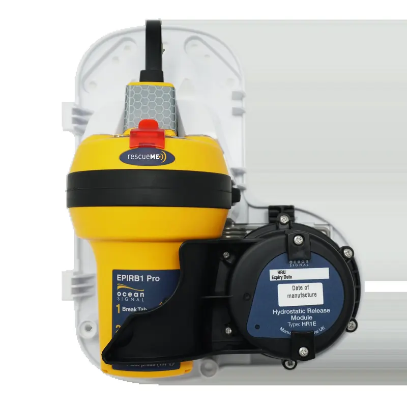 The rescueME EPIRB1 Pro, an orange emergency position-indicating radio beacon shown in its clear float-free bracket.