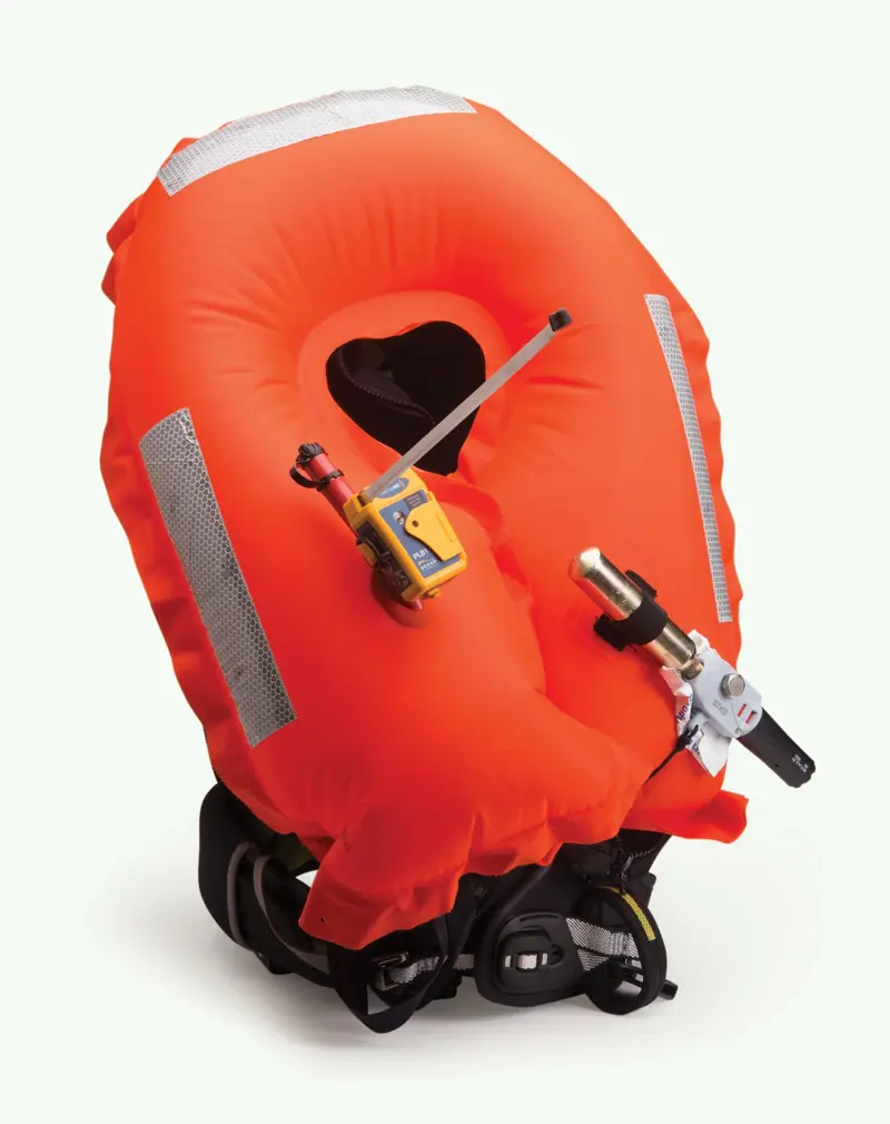A rescueME PLB1 fitted to a lifejacket, shown as it would be worn offshore.