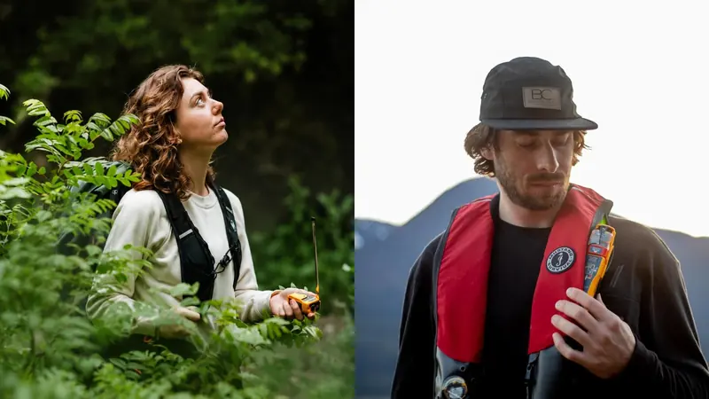A hiker carrying a rescueME PLB1 and a sailor wearing a lifejacket fitted with the same beacon, shown side by side.