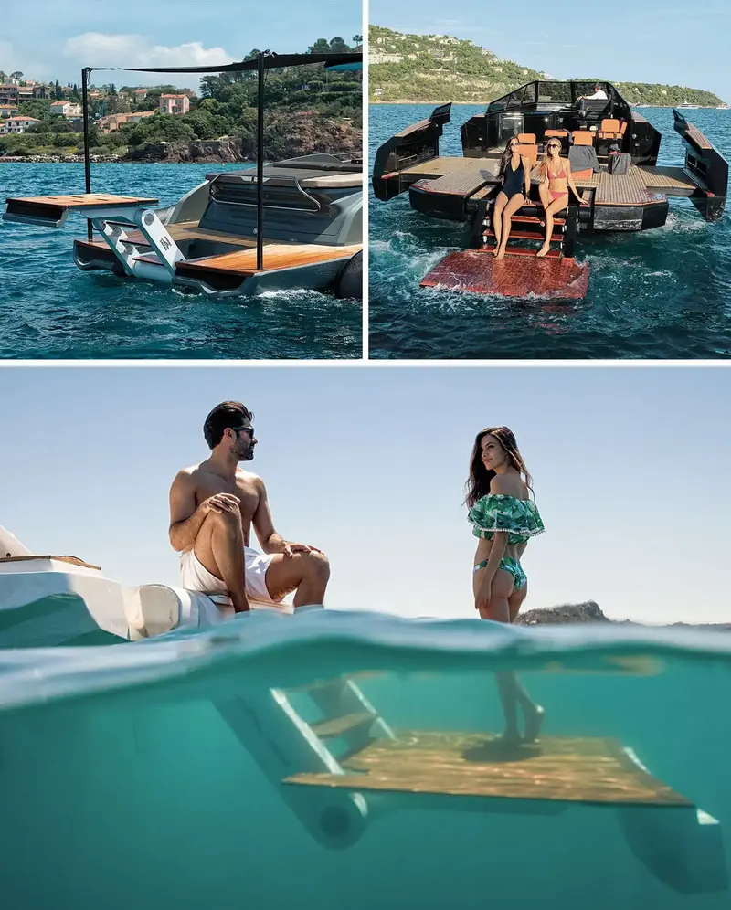 The Transformer platform lowered flush with the sea off the Cote d'Azur, then deployed astern of a tender with two people stepping off its teak deck onto the floating pad, and a swimmer's-eye view of the same platform submerged for boarding.