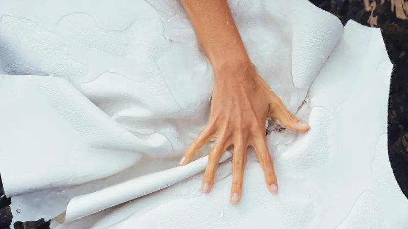 A hand pressed flat on a wet white hide laid out over a dark surface.