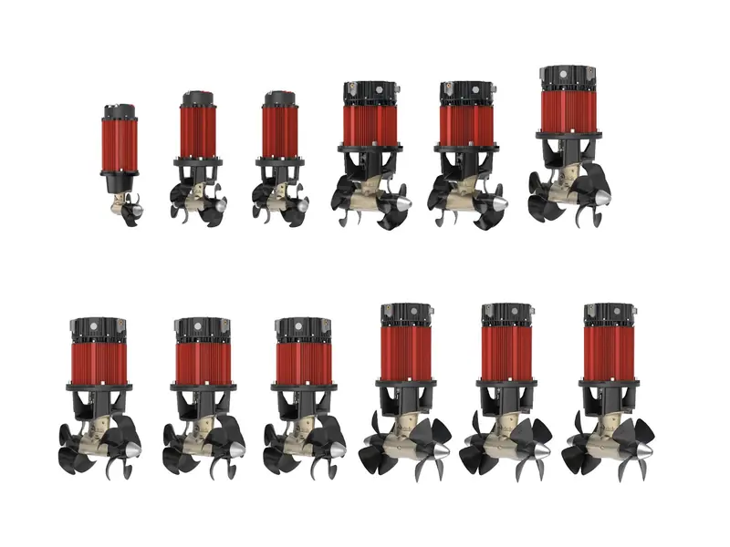 Twelve Quick thruster drive legs lined up by size, from a small DC unit with a single two-blade prop to the largest counter-rotating QSY tunnel units, showing the red motor housings and bronze propeller hubs