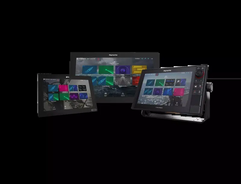 Three Raymarine Axiom multifunction displays running LightHouse 4, showing chart, radar and sonar screens side by side.