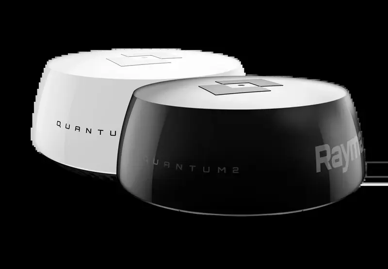 A pair of Raymarine Quantum 2 radome radar units, the compact WiFi-connected dome designed for sailboats.