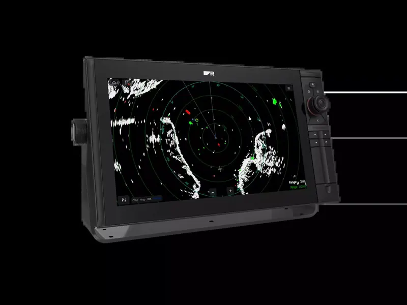 A Raymarine multifunction display showing live radar returns overlaid on a chart, used to navigate safely around other traffic.