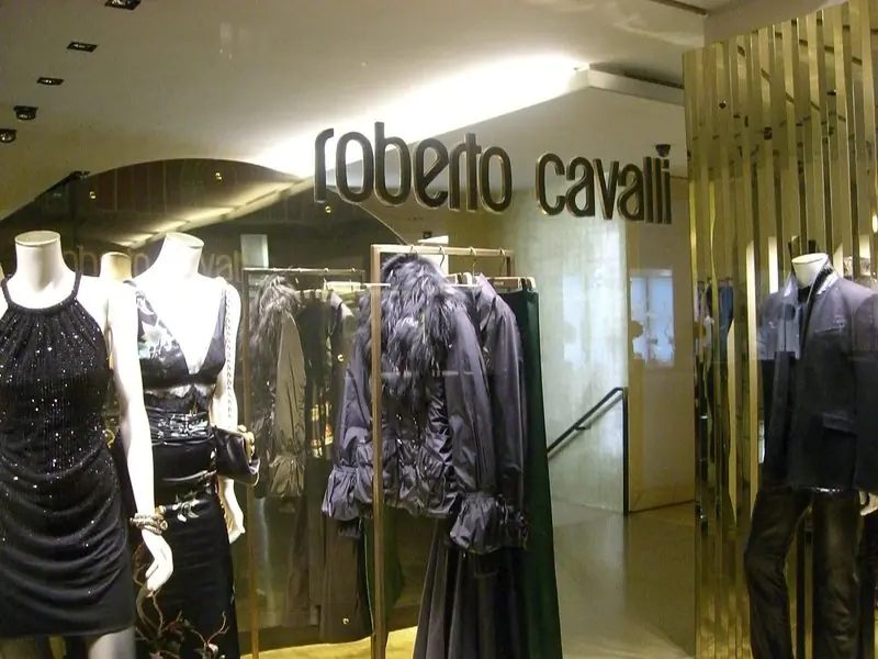 Brass fins screen a Roberto Cavalli boutique interior where mannequins wear dark evening dresses.