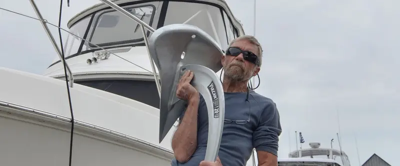 Peter Smith with a galvanized Vulcan 20, the roll-bar-free sibling built for powerboat bow rollers