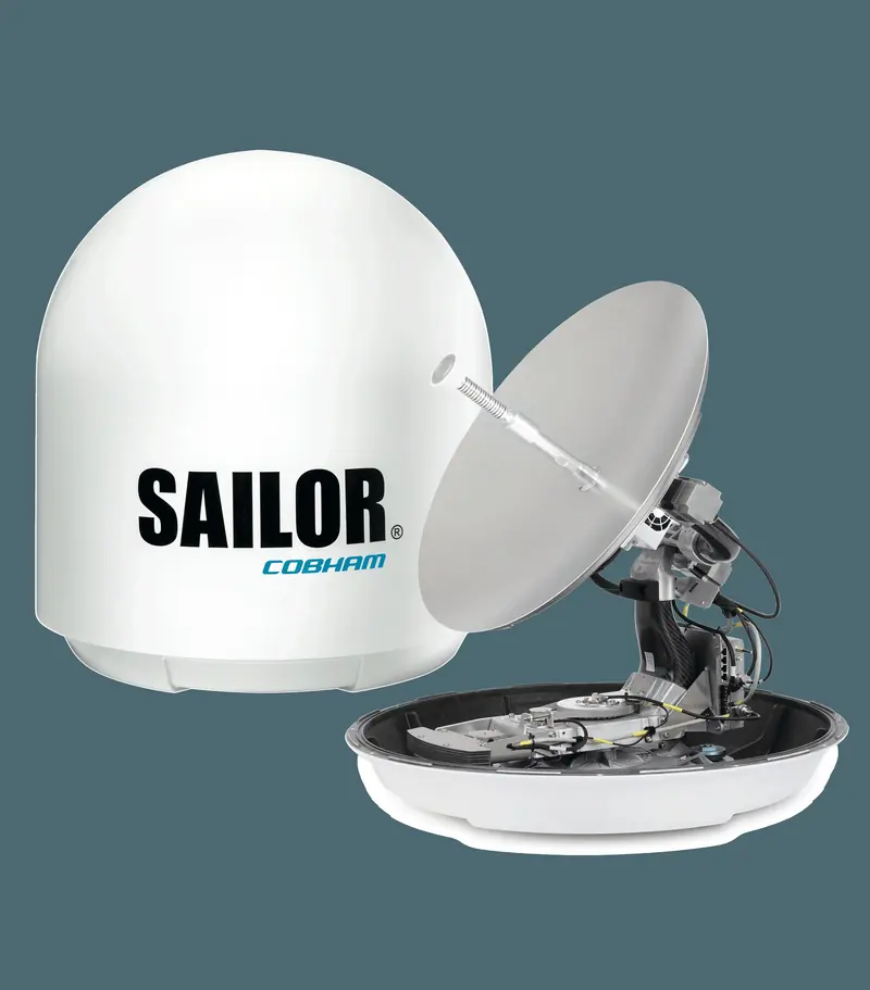 A SAILOR satellite antenna with its radome open, showing the internal parabolic dish above its below-deck control and handset unit.
