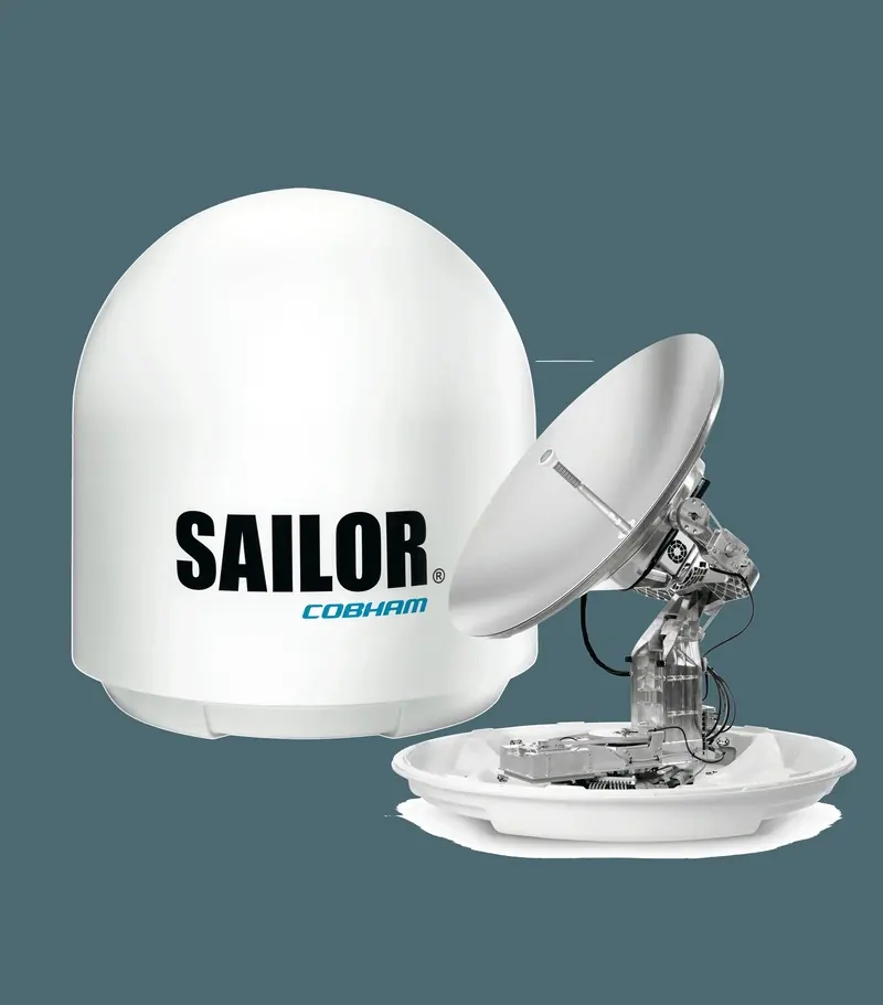 A SAILOR terminal's open radome and dish from another angle, the stabilised mount that keeps the dish locked on the satellite visible underneath.