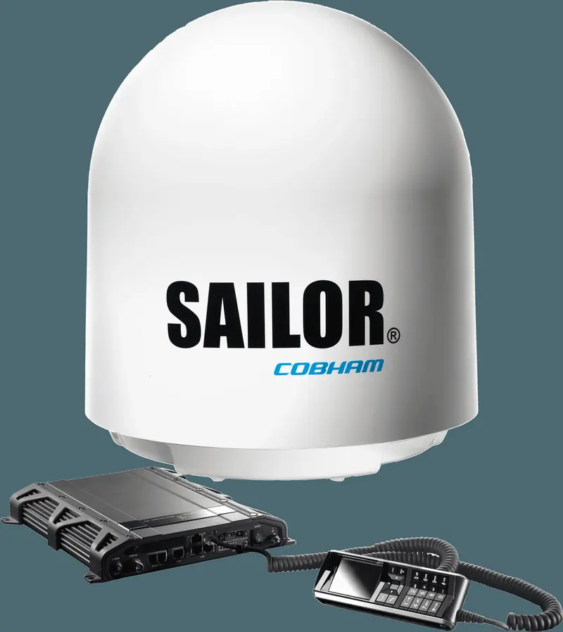 A SAILOR terminal package: the radome, a below-deck transceiver unit and a handset, the full kit an installer fits on a flybridge or mast.