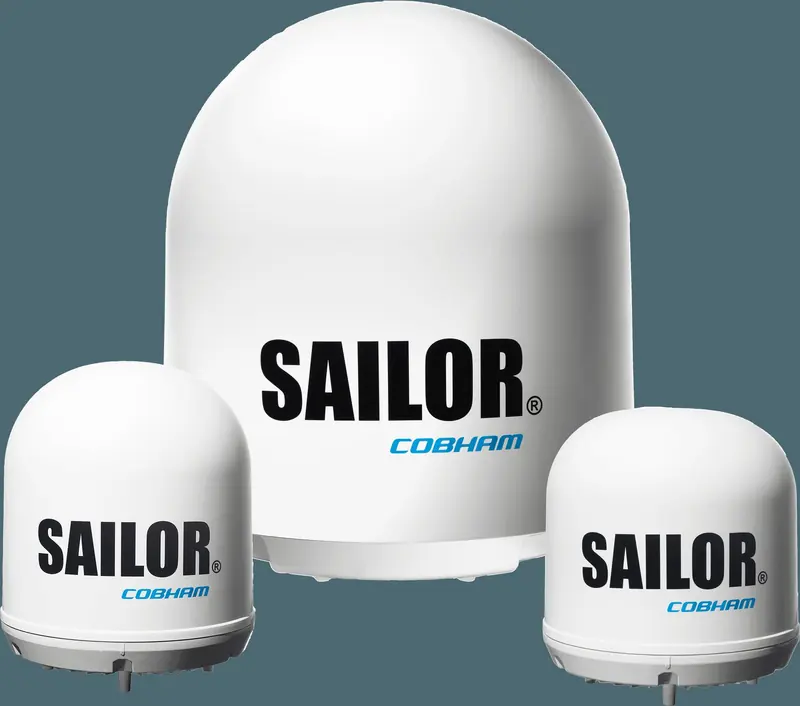 Two SAILOR radomes of different sizes shown side by side, the step in aperture between a compact terminal and a larger, higher-throughput one.