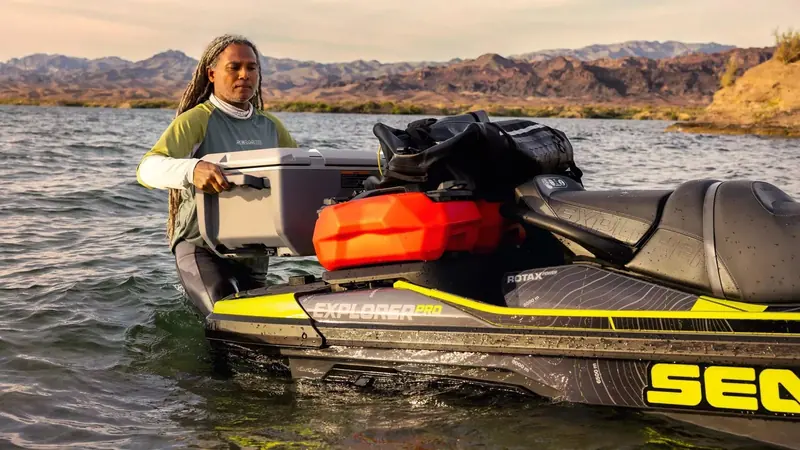 The LinQ fuel caddy mounted and ready, BRP's own answer to the range limits of a 70 litre tank on the touring hulls.