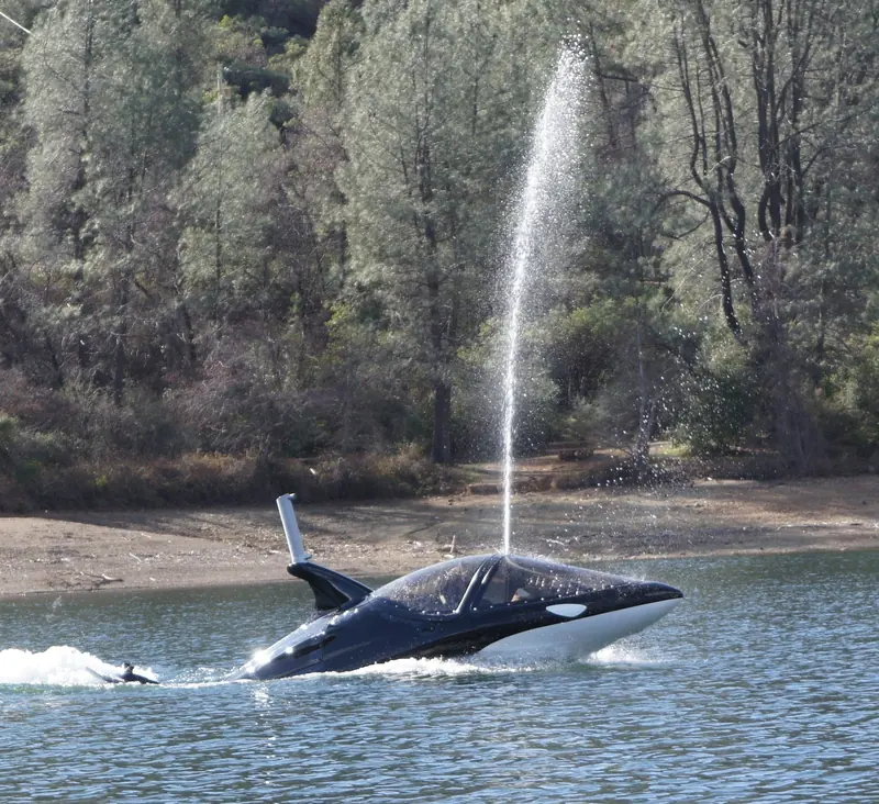 A Seabreacher noses onto a lake beach, its blowhole vent firing a plume of water high over the shoreline pines.