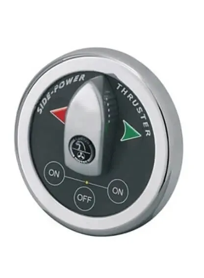 A Side-Power chrome thruster control panel: a proportional joystick lever between ON and OFF buttons, the helm-side half of every installation regardless of which thruster range sits in the tunnel.