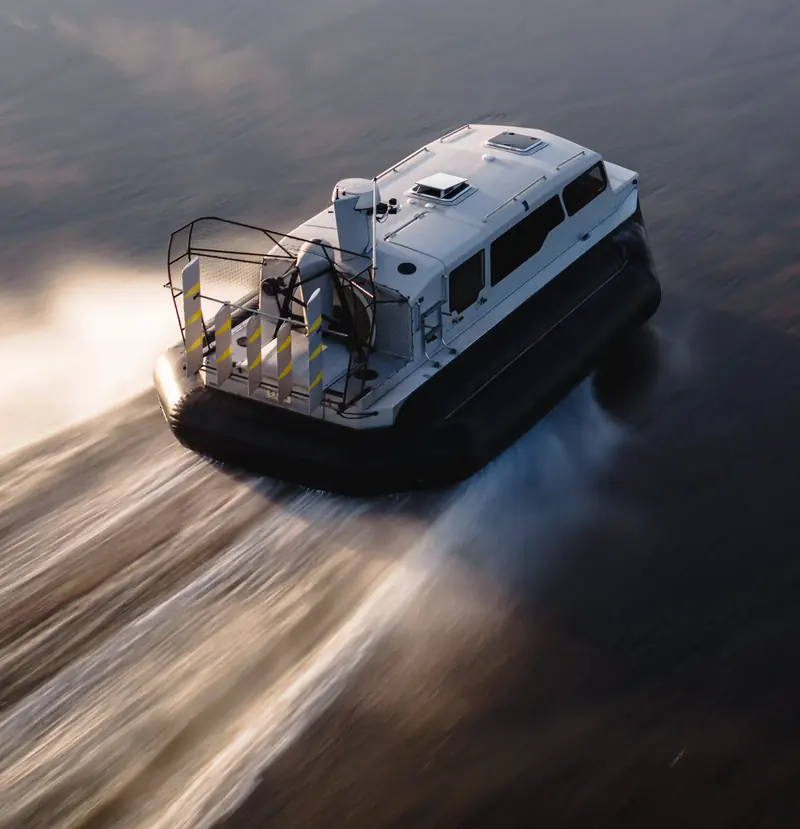 An amphibious hovercraft work vessel at speed in Starlink's own maritime marketing gallery, alongside its yacht imagery, a reminder the same Performance kit is sold to commercial, fishing and research operators as much as to owners.