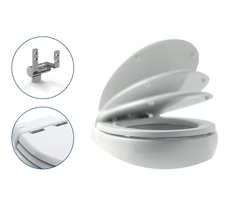 A cutaway of the Tecma lid mechanism showing the chrome hinge and its wall-mount bracket, the hardware that lets the seat lift clear for servicing